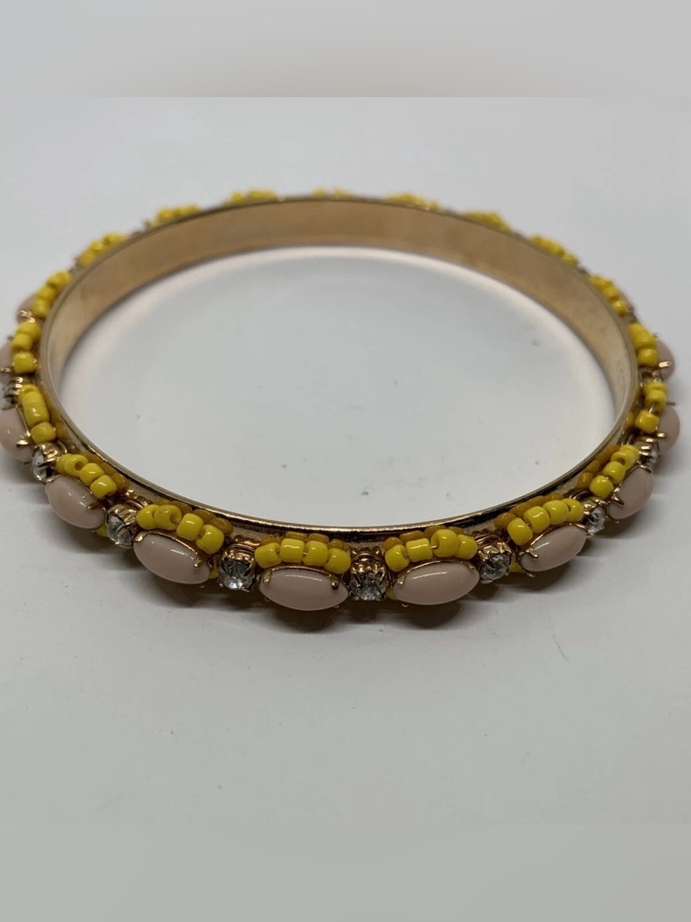 J. Crew Yellow Seed Bead Peach Clear Rhinestone Acrylic Bangle Gold Tone Signed